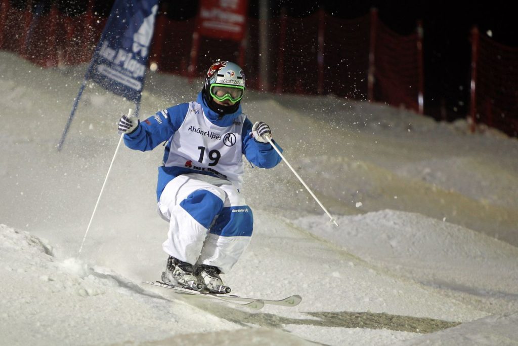 LA PLAGNE, FRANCE - MARCH 21: Benjamin Cavet of France takes the 3rd place during the FIS Freestyle Ski World Cup Men’s and Women’s Dual Moguls on March 21, 2014 in La Plagne, France. (Photo by Alexis Boichard/Agence Zoom)