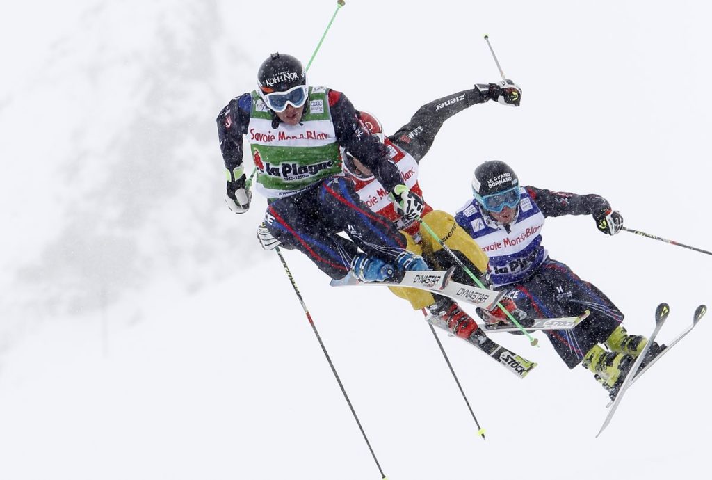 LA PLAGNE, FRANCE - MARCH 23: Jean-Frederic Chapuis of France takes the 1st place during the FIS Freestyle Ski World Cup Men’s and Women’s Ski Cross on March 23, 2014 in La Plagne, France. (Photo by Alexis Boichard/Agence Zoom)